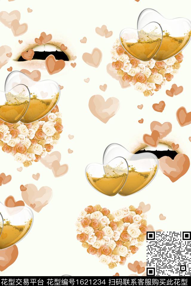 爱心红唇玫瑰花数码印花华亿平台下载（图片编号: 1621234） - 瓦栏（Walan）