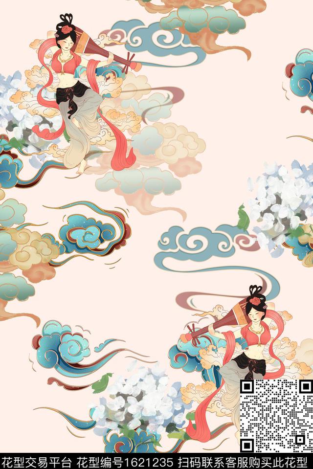 花卉祥云仕女数码印花华亿平台下载（图片编号: 1621235） - 瓦栏（Walan）