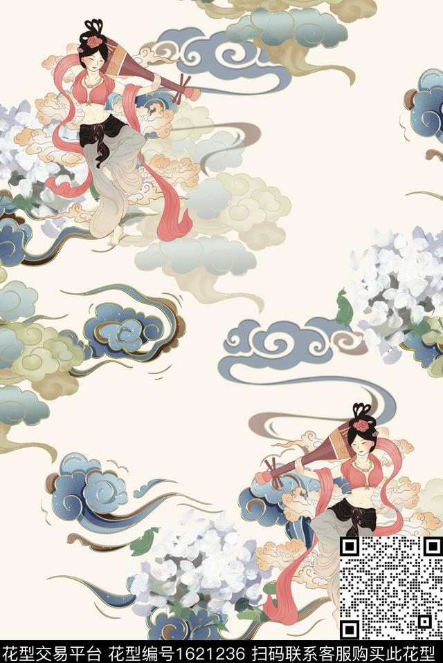 花卉祥云仕女数码印花华亿平台下载（图片编号: 1621236） - 瓦栏（Walan）