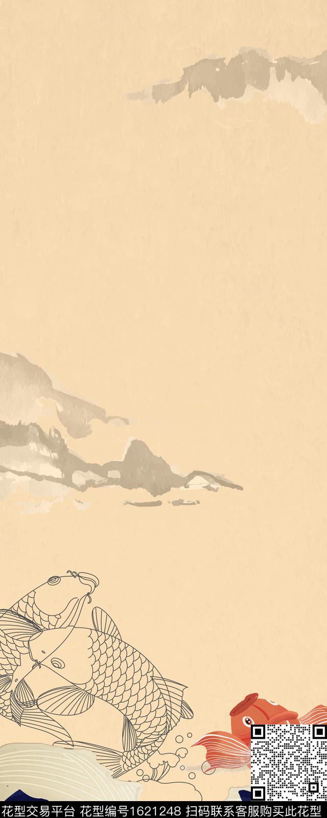 海浪鱼中国风数码印花华亿平台下载（图片编号: 1621248） - 瓦栏（Walan）