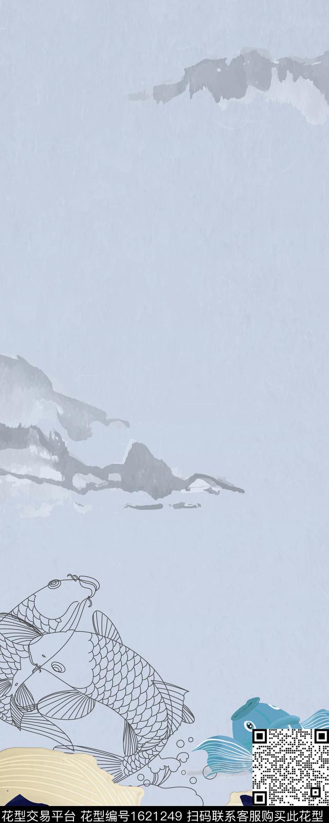 海浪线条画鱼数码印花华亿平台下载（图片编号: 1621249） - 瓦栏（Walan）