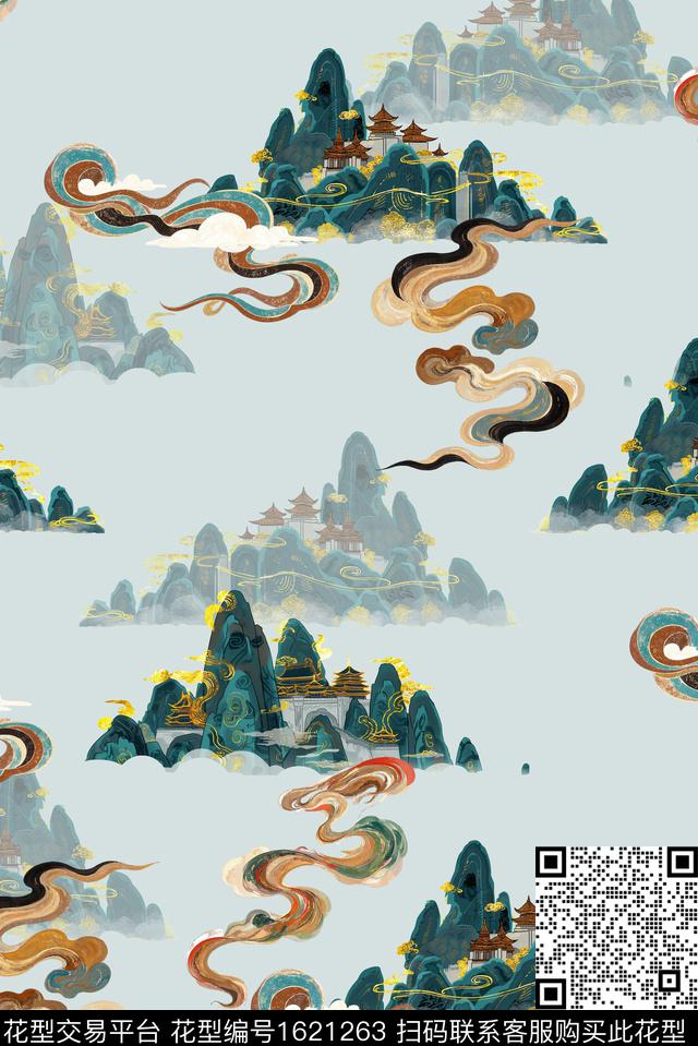 山川中国风祥云数码印花华亿平台下载（图片编号: 1621263） - 瓦栏（Walan）