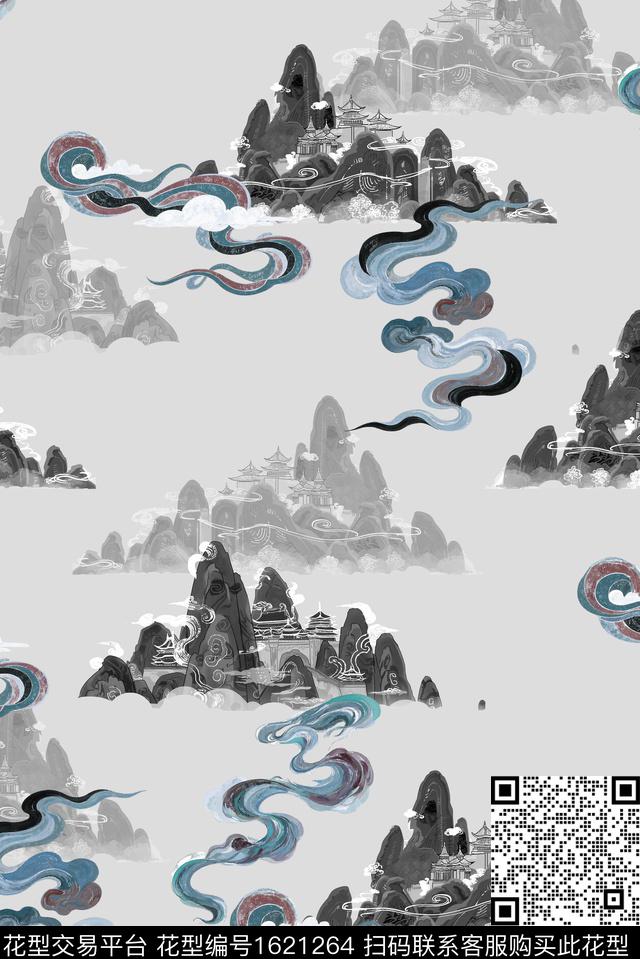 晕染肌理祥云山景数码印花华亿平台下载（图片编号: 1621264） - 瓦栏（Walan）