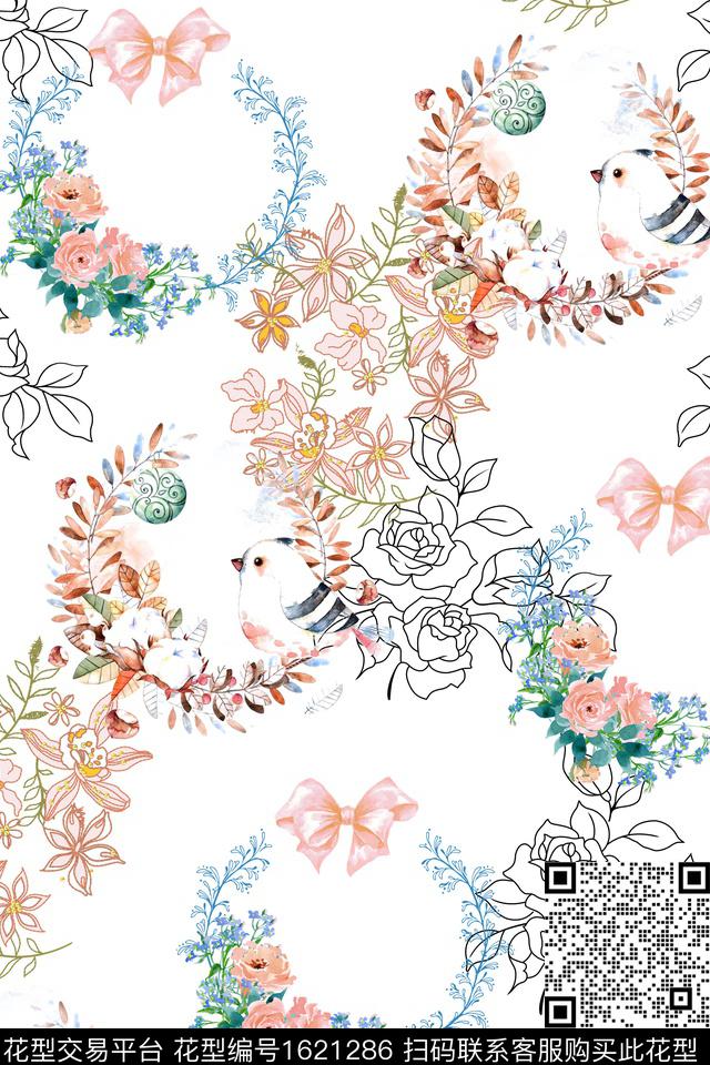 小清新花环花卉数码印花华亿平台下载（图片编号: 1621286） - 瓦栏（Walan）
