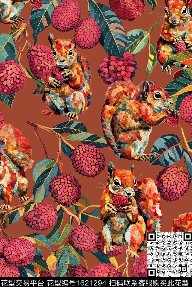 松鼠荔枝绿植树叶数码印花华亿平台下载（图片编号: 1621294） - 瓦栏（Walan）