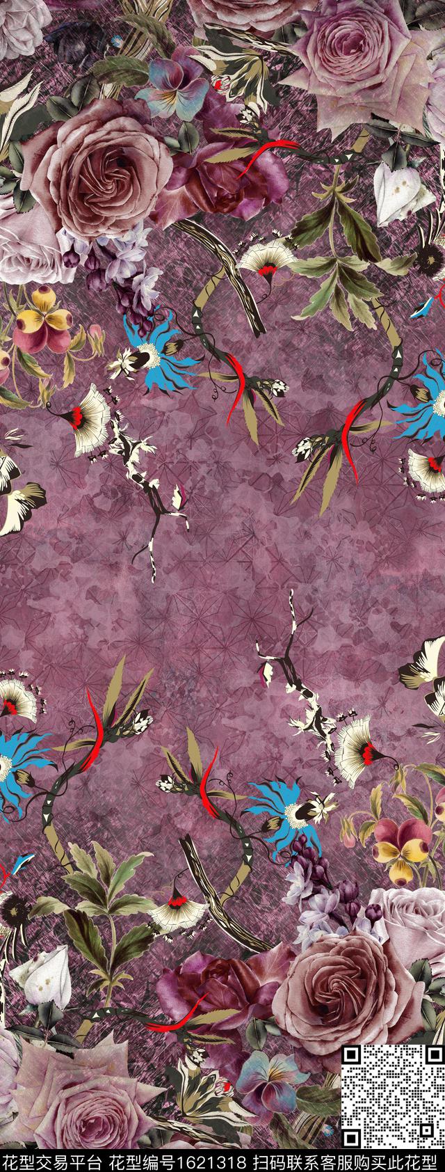 花卉双边定位定位花数码印花华亿平台下载（图片编号: 1621318） - 瓦栏（Walan）