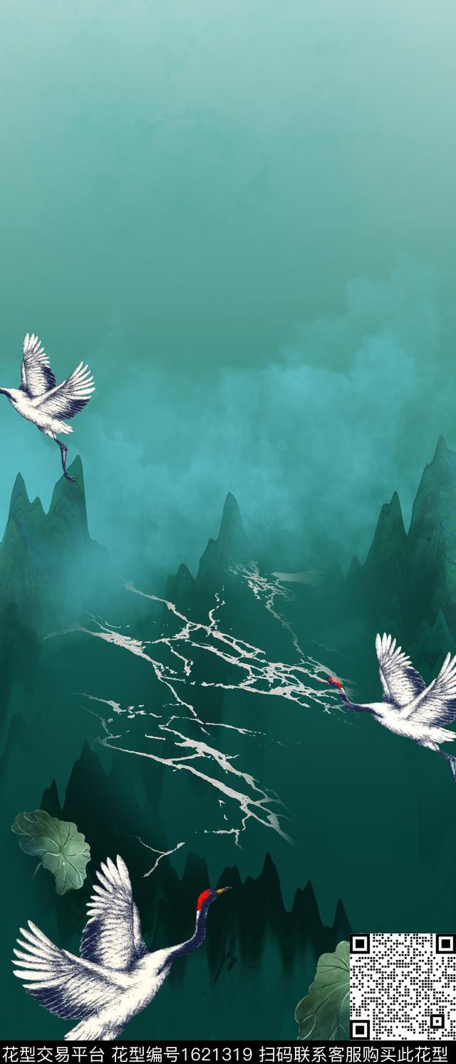 仙鹤荷叶山峰数码印花华亿平台下载（图片编号: 1621319） - 瓦栏（Walan）