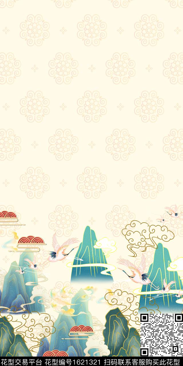 山峰祥云仙鹤数码印花华亿平台下载（图片编号: 1621321） - 瓦栏（Walan）