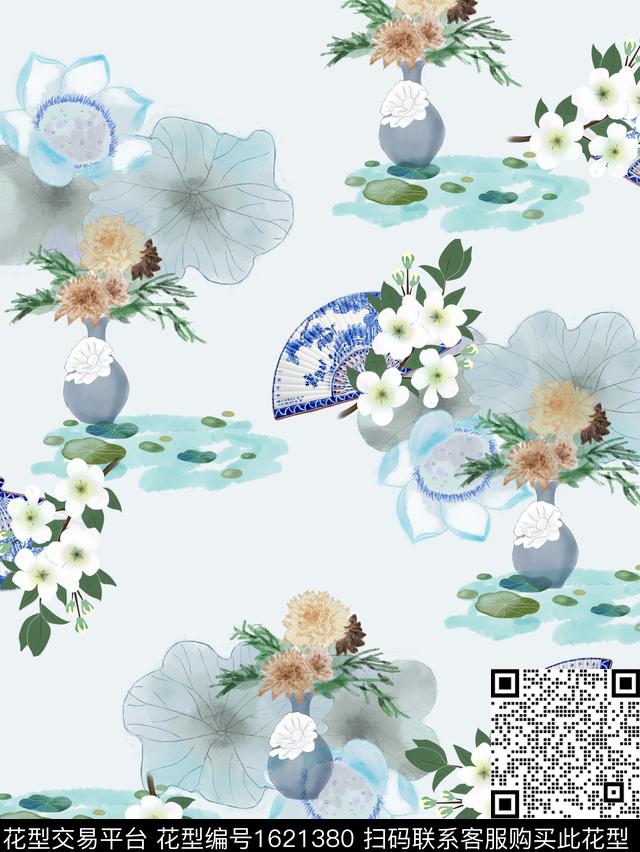 花卉青花瓷扇子数码印花华亿平台下载（图片编号: 1621380） - 瓦栏（Walan）