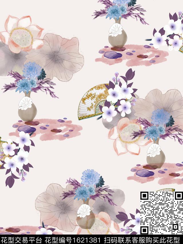小清新小碎花扇子数码印花华亿平台下载（图片编号: 1621381） - 瓦栏（Walan）