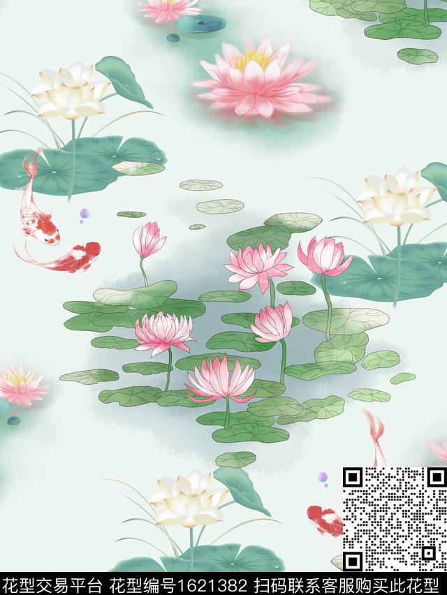 小清新荷花鱼数码印花华亿平台下载（图片编号: 1621382） - 瓦栏（Walan）