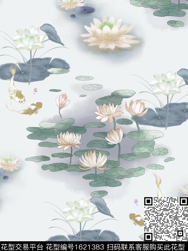小清新荷花鱼数码印花华亿平台下载（图片编号: 1621383） - 瓦栏（Walan）