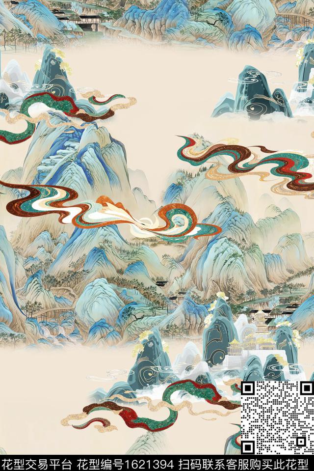 中国风山川国画数码印花华亿平台下载（图片编号: 1621394） - 瓦栏（Walan）