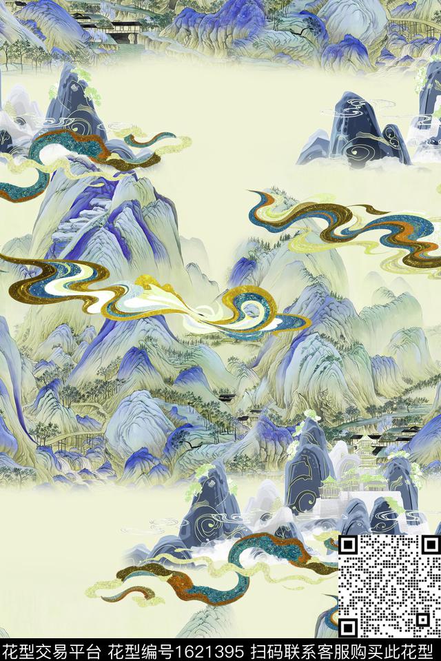 水墨风祥云国画数码印花华亿平台下载（图片编号: 1621395） - 瓦栏（Walan）