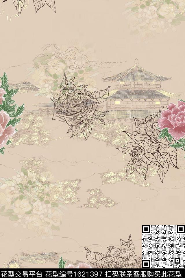 花卉中国风牡丹数码印花华亿平台下载（图片编号: 1621397） - 瓦栏（Walan）