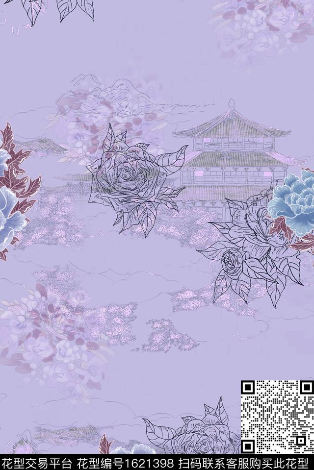 小碎花牡丹线条花卉数码印花华亿平台下载（图片编号: 1621398） - 瓦栏（Walan）