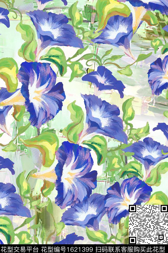 牵牛花花卉绿植树叶数码印花华亿平台下载（图片编号: 1621399） - 瓦栏（Walan）