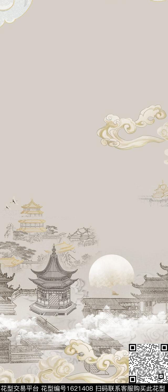 中国风祥云中式建筑数码印花华亿平台下载（图片编号: 1621408） - 瓦栏（Walan）