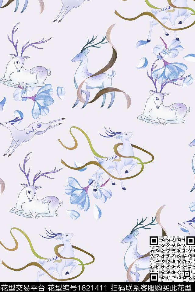 卡通人物水彩花卉九色鹿数码印花华亿平台下载（图片编号: 1621411） - 瓦栏（Walan）