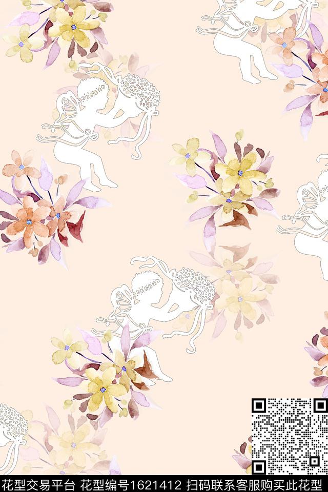 剪影花卉天使数码印花华亿平台下载（图片编号: 1621412） - 瓦栏（Walan）