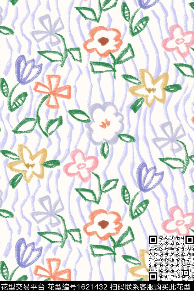 小清新线条花卉条纹数码印花华亿平台下载（图片编号: 1621432） - 瓦栏（Walan）