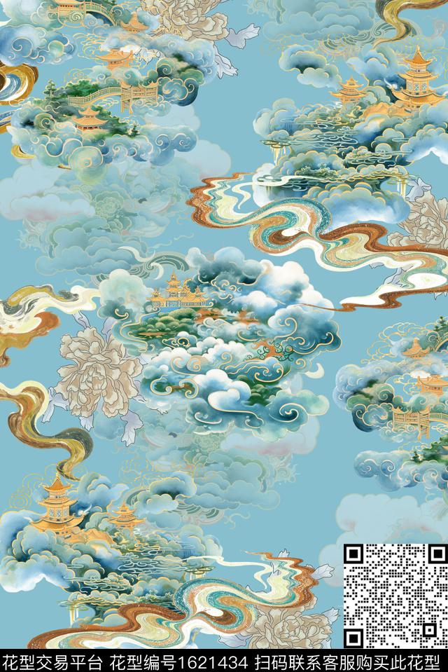 祥云中国风风景景观数码印花华亿平台下载（图片编号: 1621434） - 瓦栏（Walan）