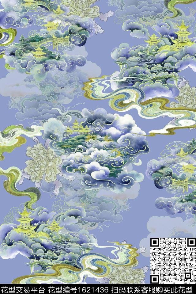 晕染肌理祥云国画数码印花华亿平台下载（图片编号: 1621436） - 瓦栏（Walan）