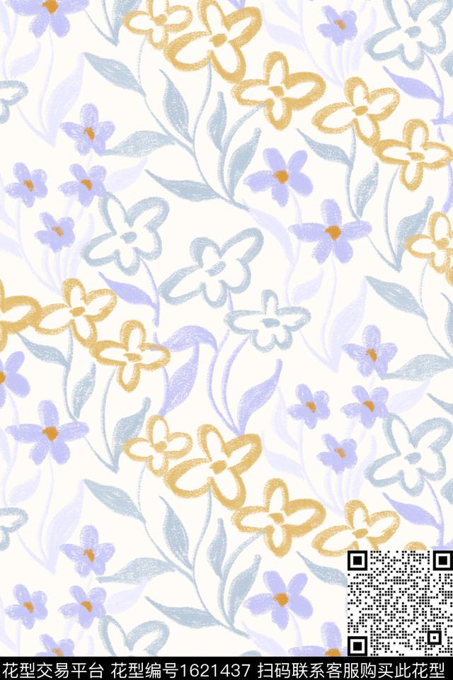 小清新花卉线条花卉数码印花华亿平台下载（图片编号: 1621437） - 瓦栏（Walan）