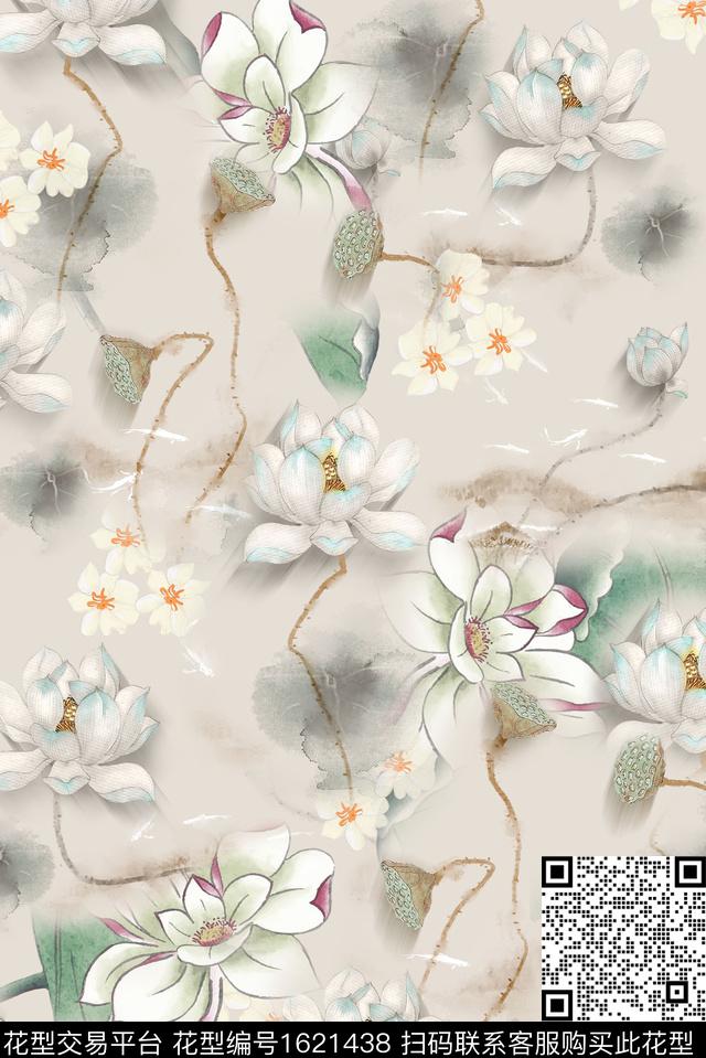 中国风花卉荷花数码印花华亿平台下载（图片编号: 1621438） - 瓦栏（Walan）