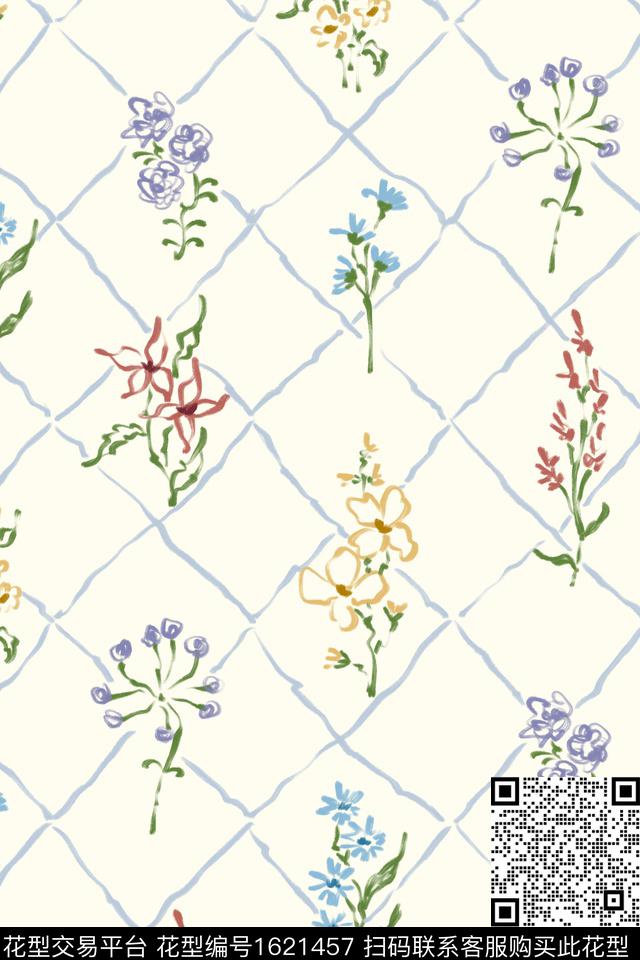 小清新格子线条花卉数码印花华亿平台下载（图片编号: 1621457） - 瓦栏（Walan）