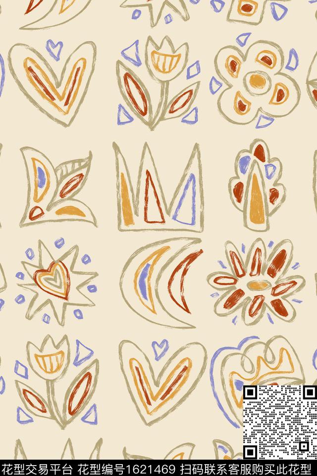 线条花卉趣味爱心数码印花华亿平台下载（图片编号: 1621469） - 瓦栏（Walan）