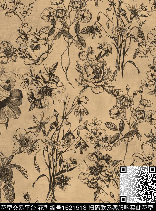 植物花卉线条花卉数码印花华亿平台下载（图片编号: 1621513） - 瓦栏（Walan）