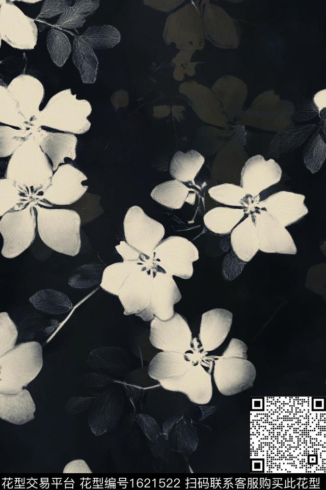 真丝花卉黑白华亿平台数码印花华亿平台下载（图片编号: 1621522） - 瓦栏（Walan）