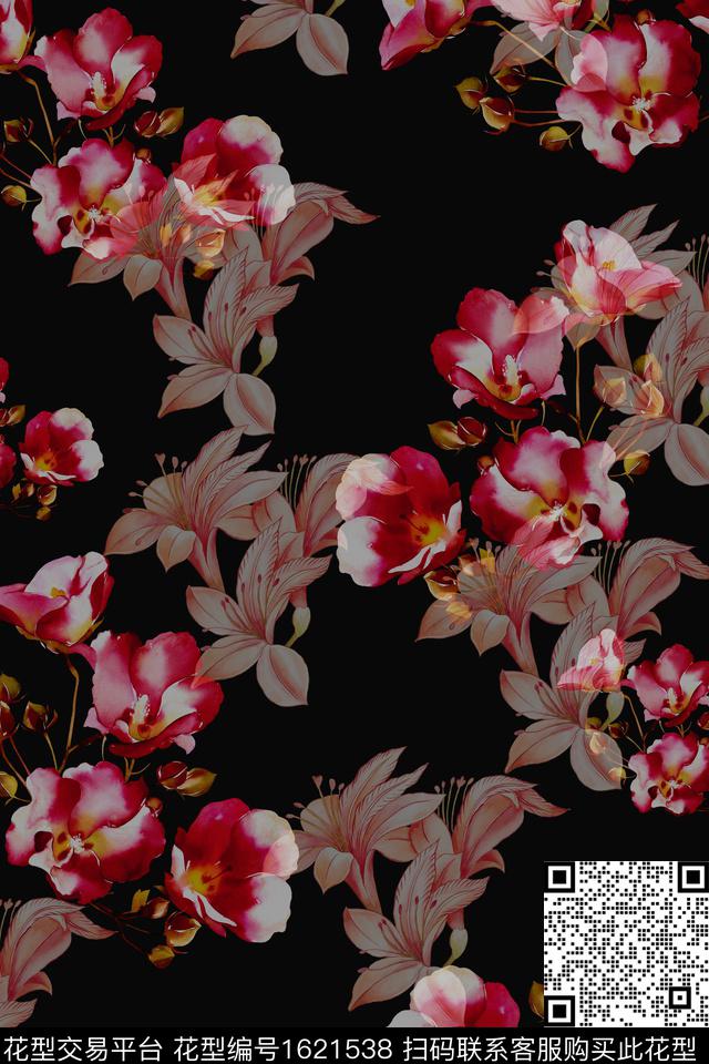 花卉黑底花卉影花数码印花华亿平台下载（图片编号: 1621538） - 瓦栏（Walan）