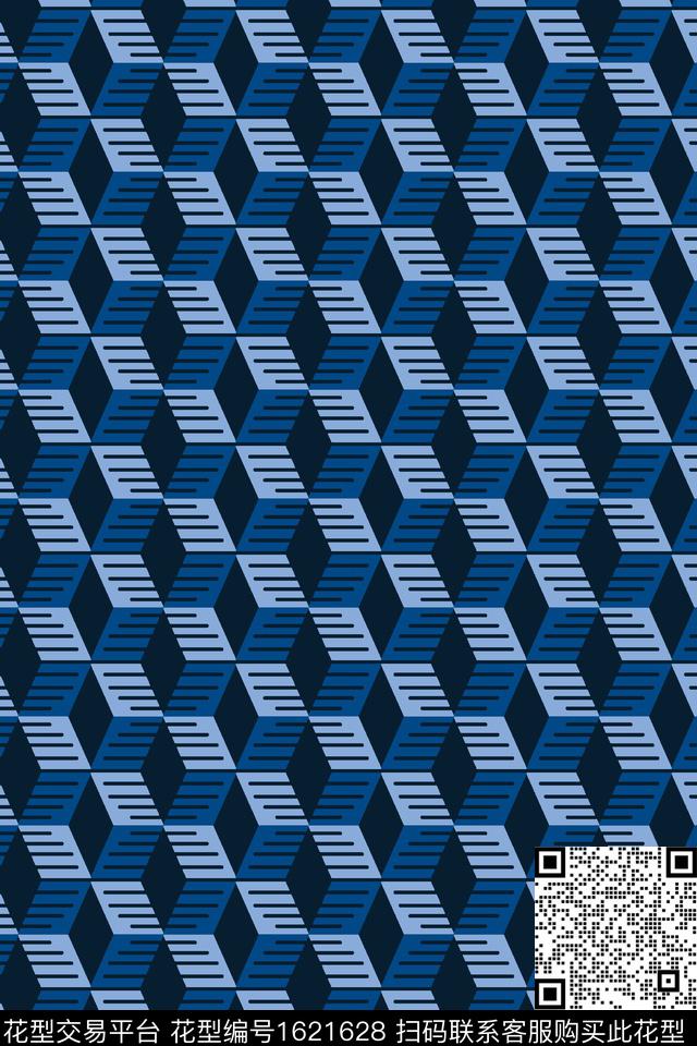 蓝色几何3D立体传统印花华亿平台下载（图片编号: 1621628） - 瓦栏（Walan）