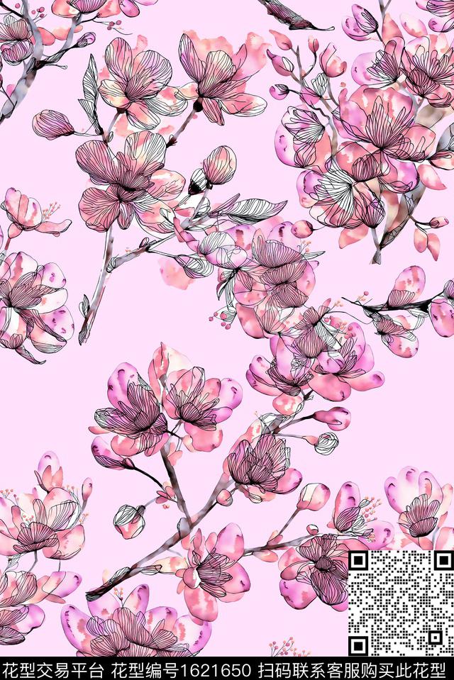 樱花花卉线条花卉数码印花华亿平台下载（图片编号: 1621650） - 瓦栏（Walan）