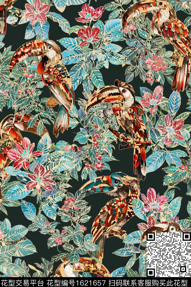 热带华亿平台大嘴鸟热情花数码印花华亿平台下载（图片编号: 1621657） - 瓦栏（Walan）