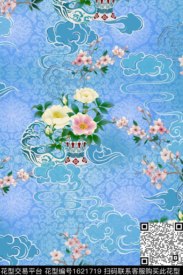 中国风花卉祥云数码印花华亿平台下载（图片编号: 1621719） - 瓦栏（Walan）