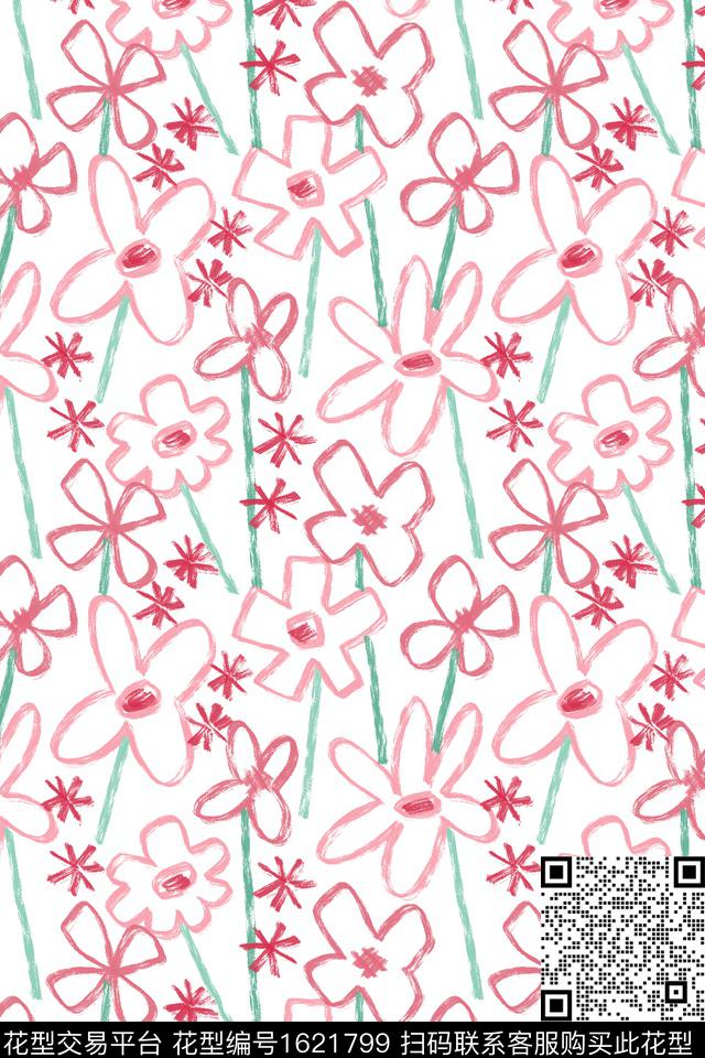 花卉线条花卉满版散花数码印花华亿平台下载（图片编号: 1621799） - 瓦栏（Walan）