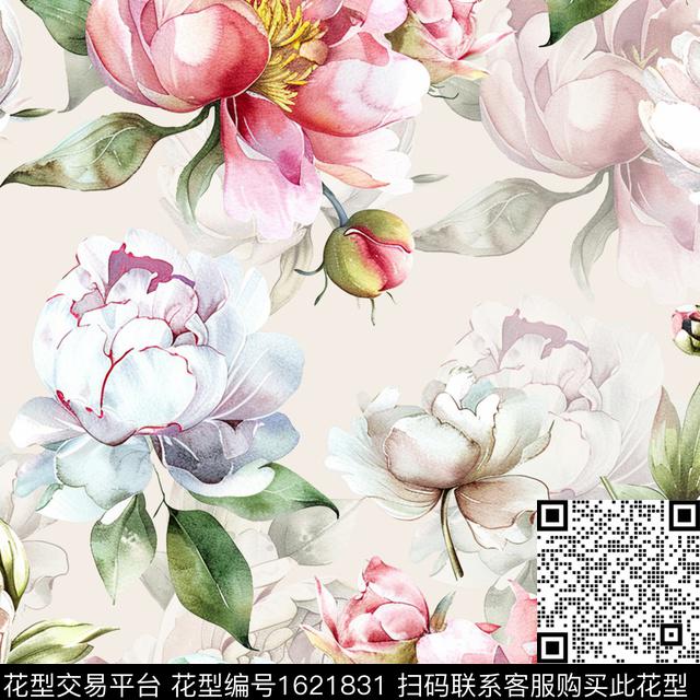 花卉水彩花卉大花数码印花华亿平台下载（图片编号: 1621831） - 瓦栏（Walan）