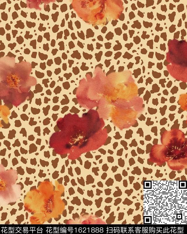 豹纹花卉水彩花卉数码印花华亿平台下载（图片编号: 1621888） - 瓦栏（Walan）