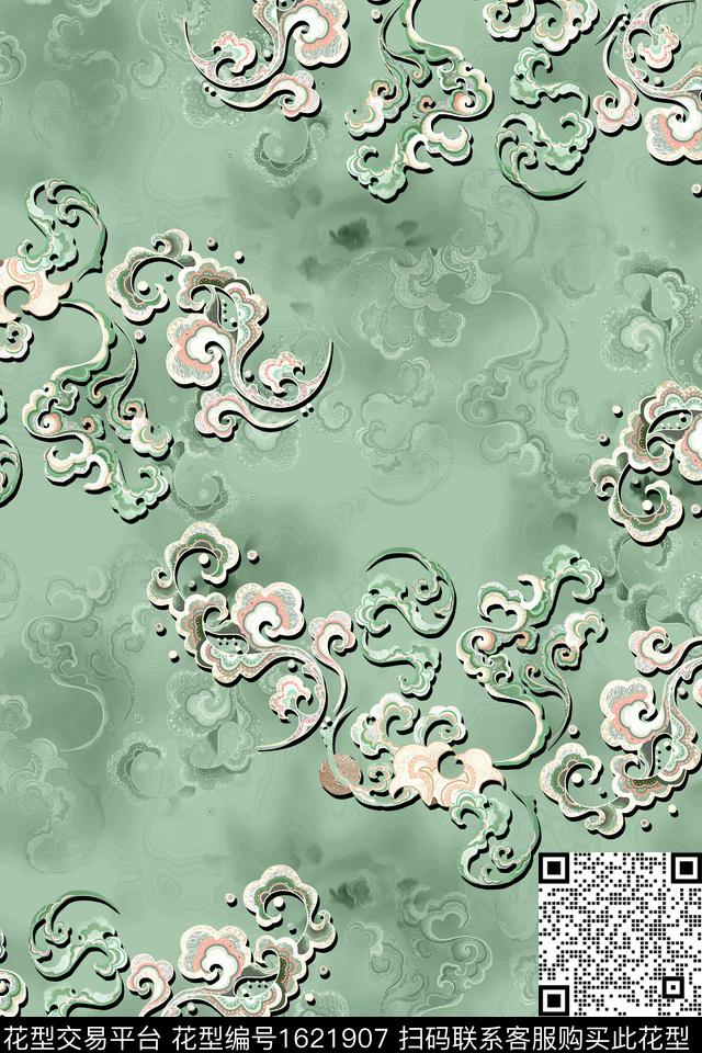 中国风祥云旗袍数码印花华亿平台下载（图片编号: 1621907） - 瓦栏（Walan）