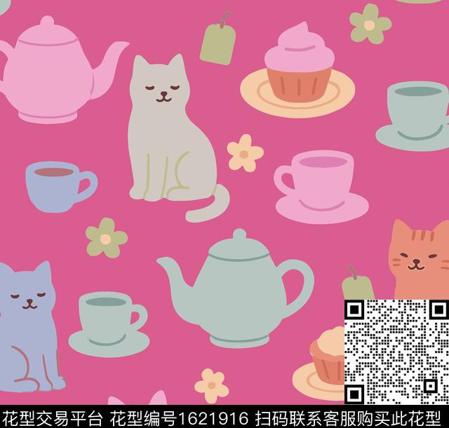 趣味猫茶壶数码印花华亿平台下载（图片编号: 1621916） - 瓦栏（Walan）