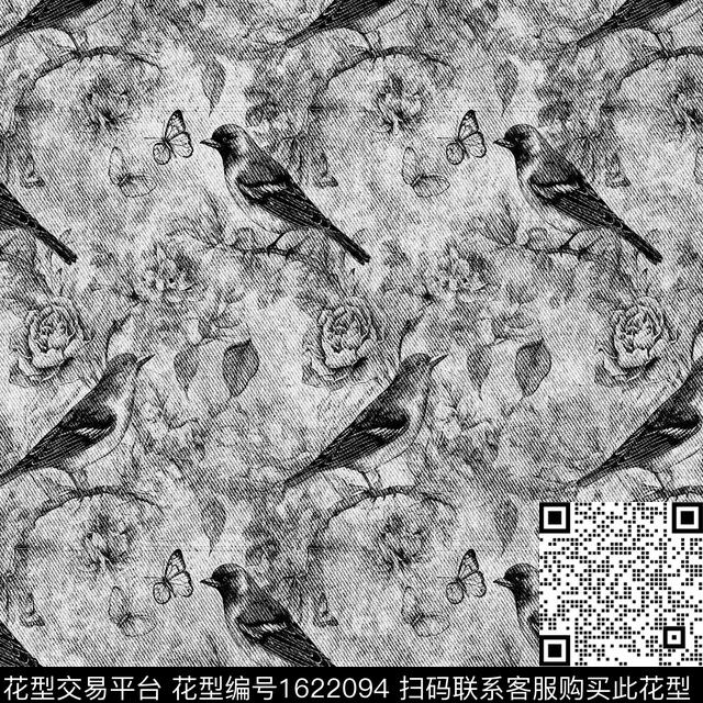 花鸟牛仔布纹复古数码印花华亿平台下载（图片编号: 1622094） - 瓦栏（Walan）