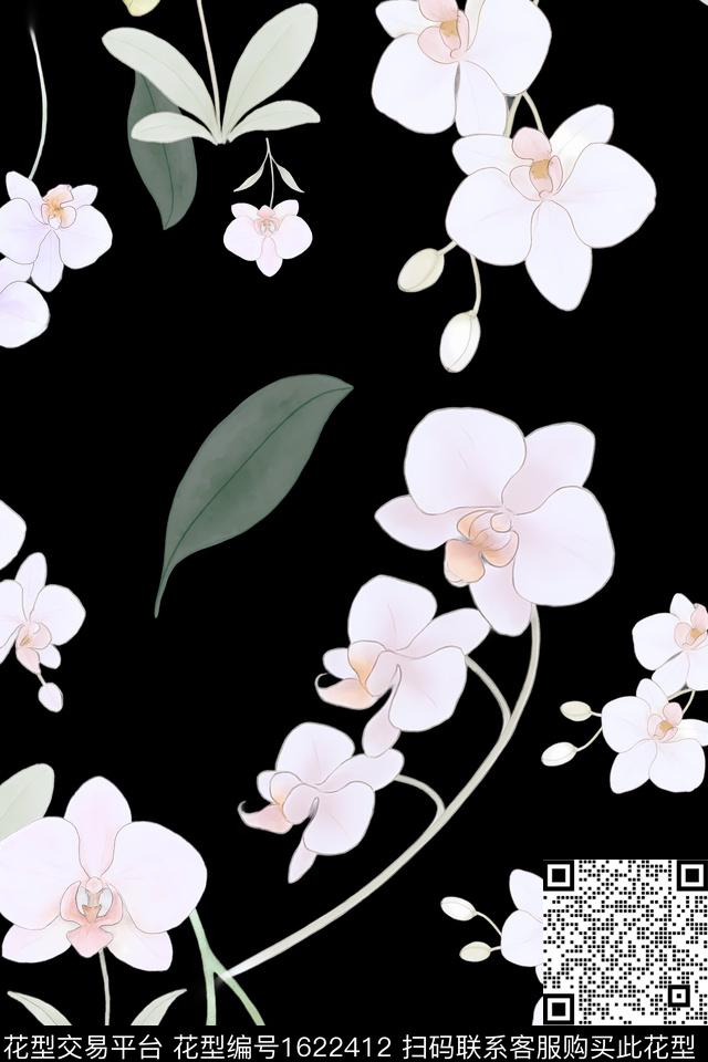 黑底花卉蝴蝶兰花卉数码印花华亿平台下载（图片编号: 1622412） - 瓦栏（Walan）