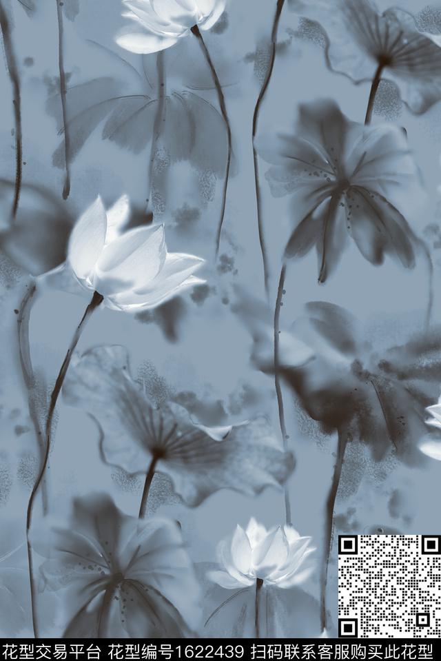 中国风荷花手绘花卉数码印花华亿平台下载（图片编号: 1622439） - 瓦栏（Walan）