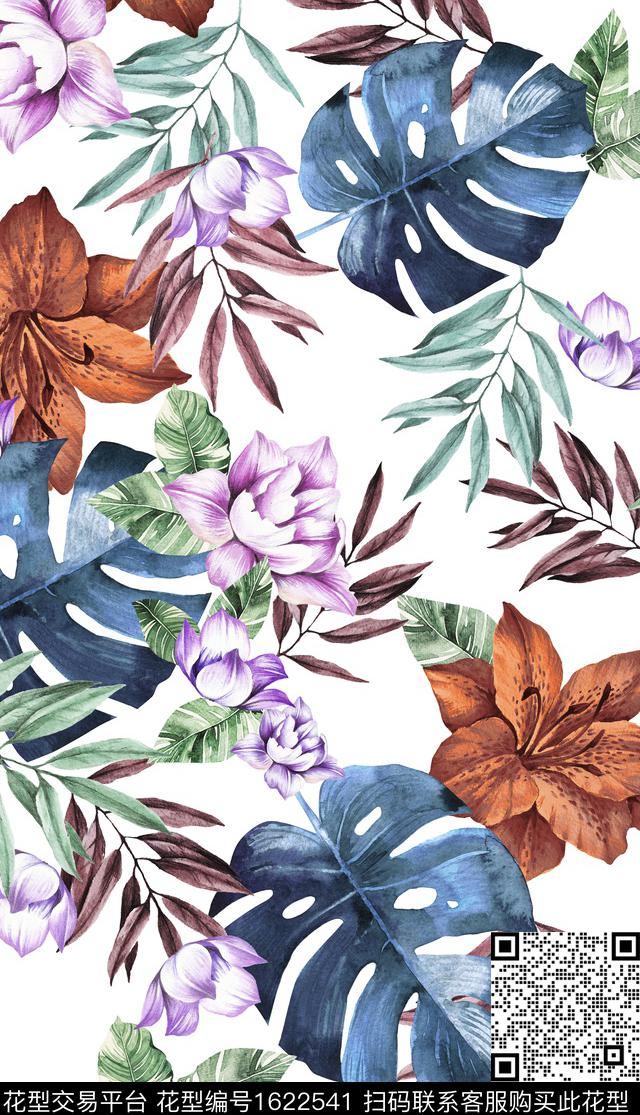 花卉水彩花卉白底花数码印花华亿平台下载（图片编号: 1622541） - 瓦栏（Walan）