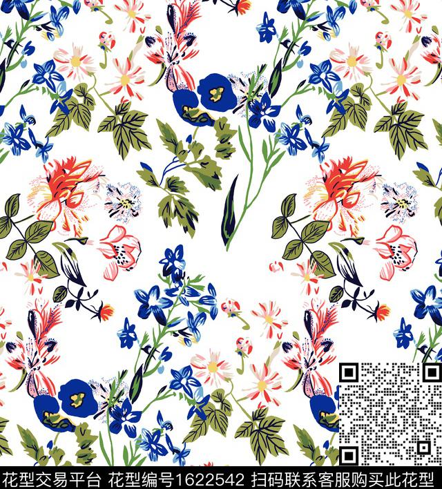 花卉白底花田园传统印花华亿平台下载（图片编号: 1622542） - 瓦栏（Walan）