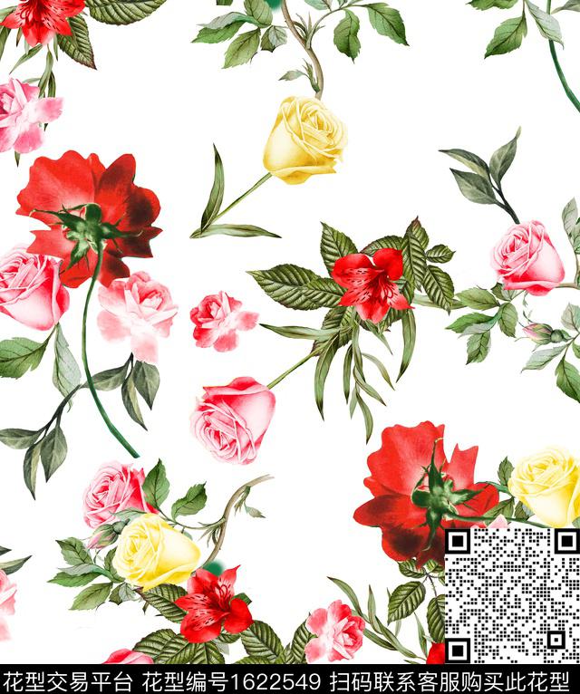 白底花花卉玫瑰花数码印花华亿平台下载（图片编号: 1622549） - 瓦栏（Walan）