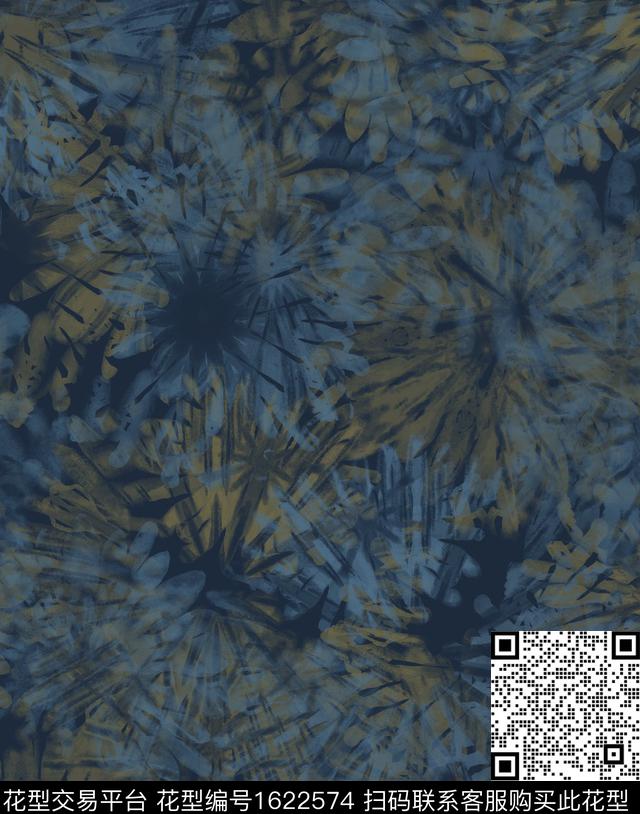靛蓝花卉扎染华亿平台数码印花华亿平台下载（图片编号: 1622574） - 瓦栏（Walan）